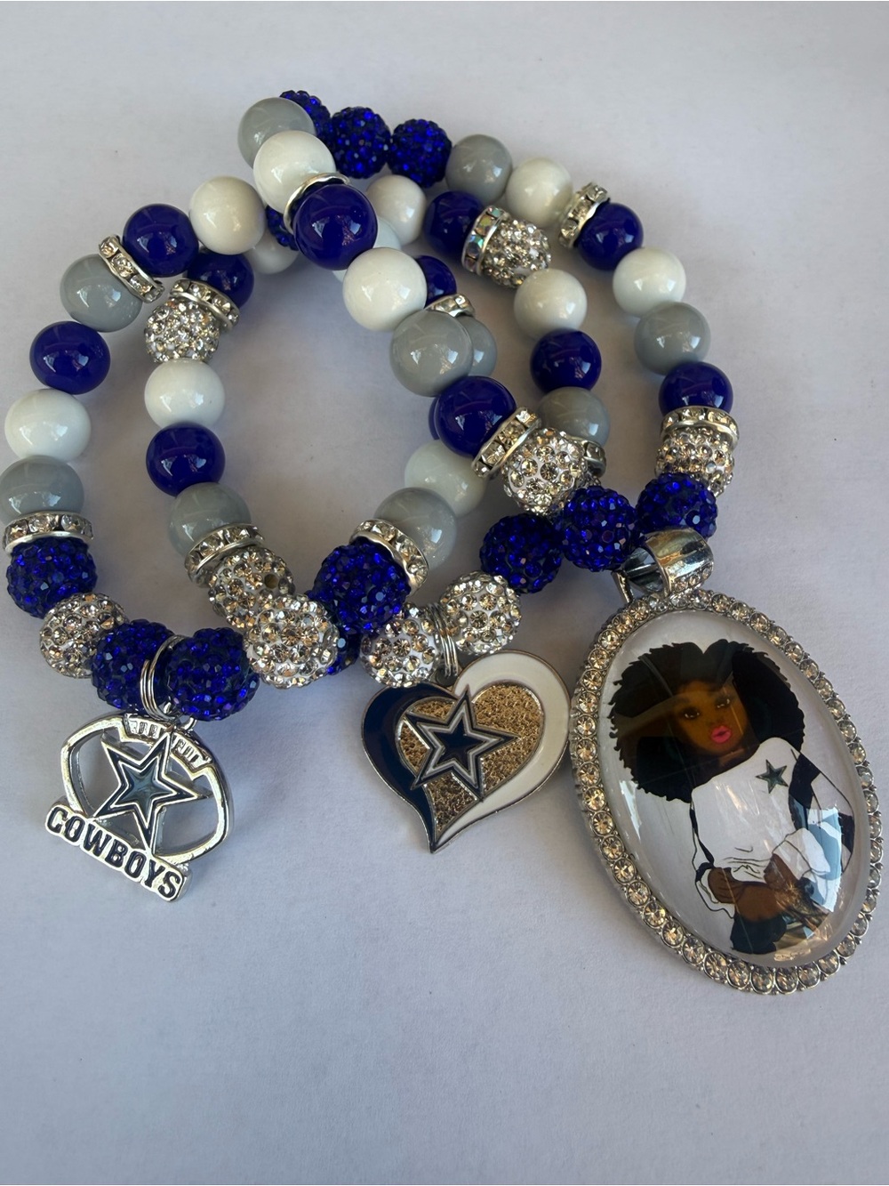 NFL Dallas Cowboys Blue White Gray Beaded Charm Bracelet Set with Pendant